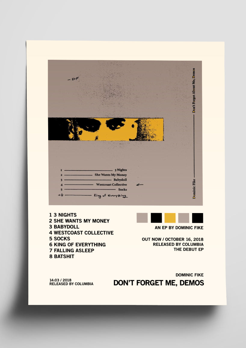 Dominic Fike 'Don't Forget About Me, Demos' Album Art Tracklist Poster