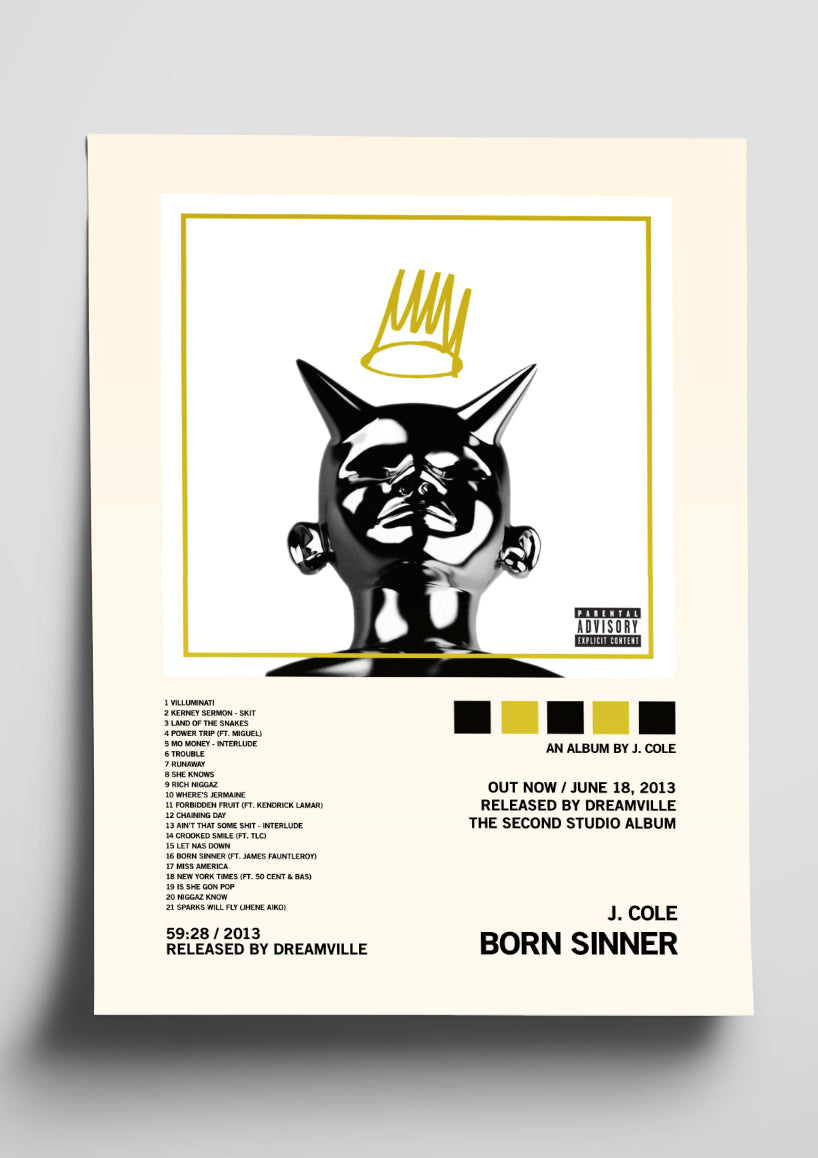 J.Cole 'Born Sinner' Album Art Tracklist Poster