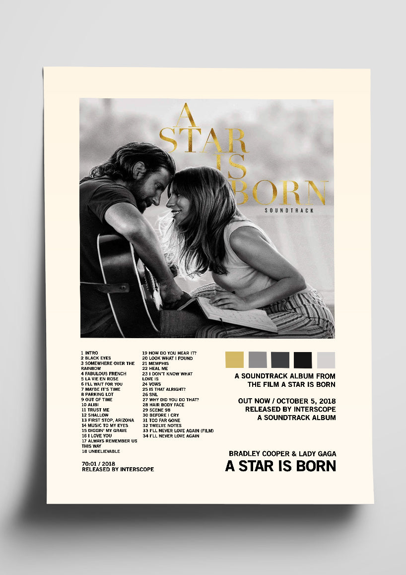 Lady Gaga & Bradley Cooper 'A Star Is Born' Soundtrack Tracklist Poster