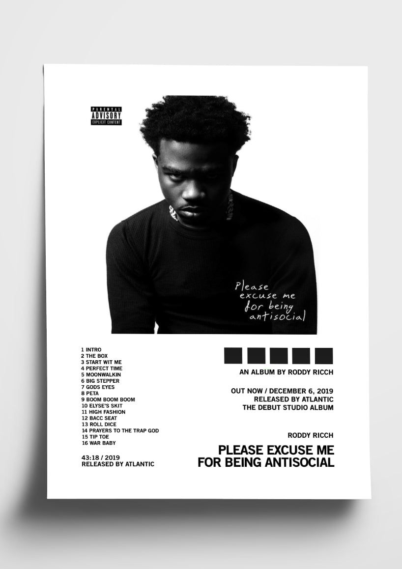 Roddy Rich 'Please Excuse Me For Being Anti Social' Album Art Tracklist Poster